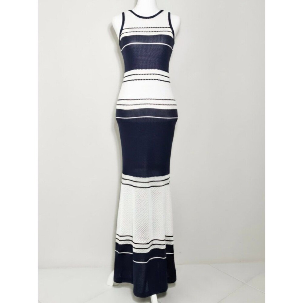 VENUS Women’s Sleeveless Knit Halter Navy & White Maxi Dress – Size XS (NWOT)